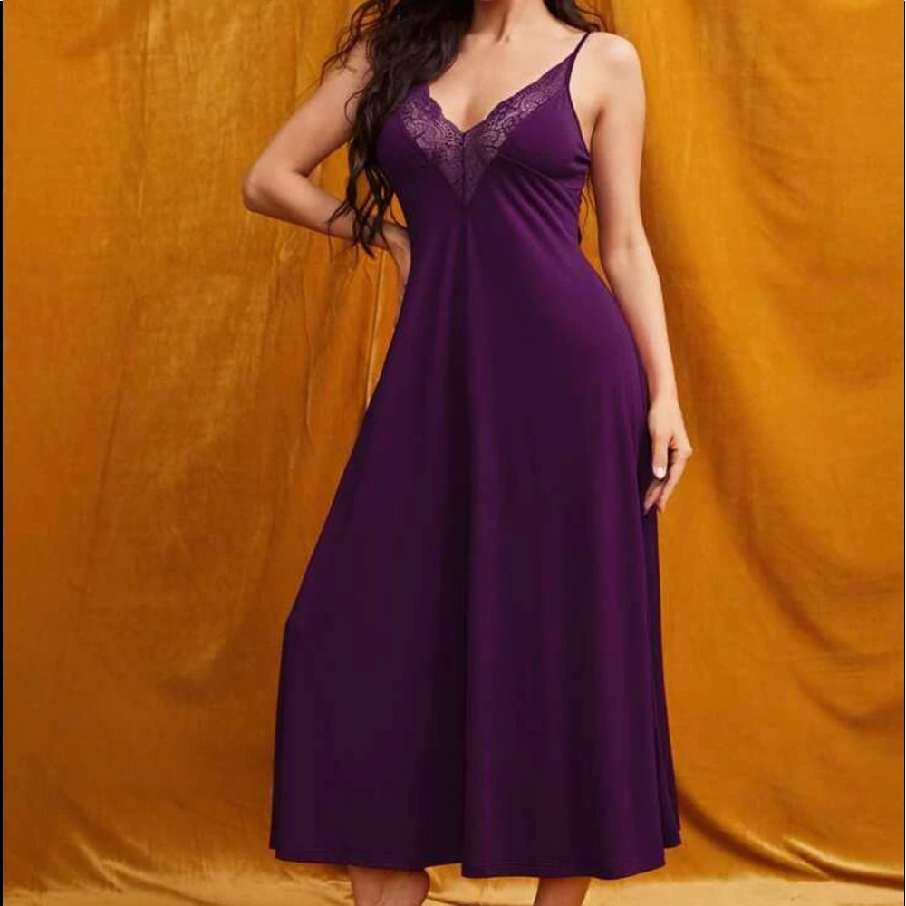 Purple - Lace trim cami night dress